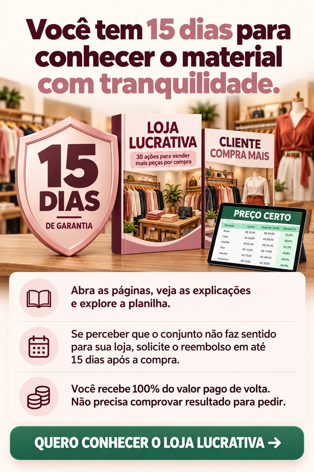 Selo de 15 dias de garantia ao lado dos materiais digitais