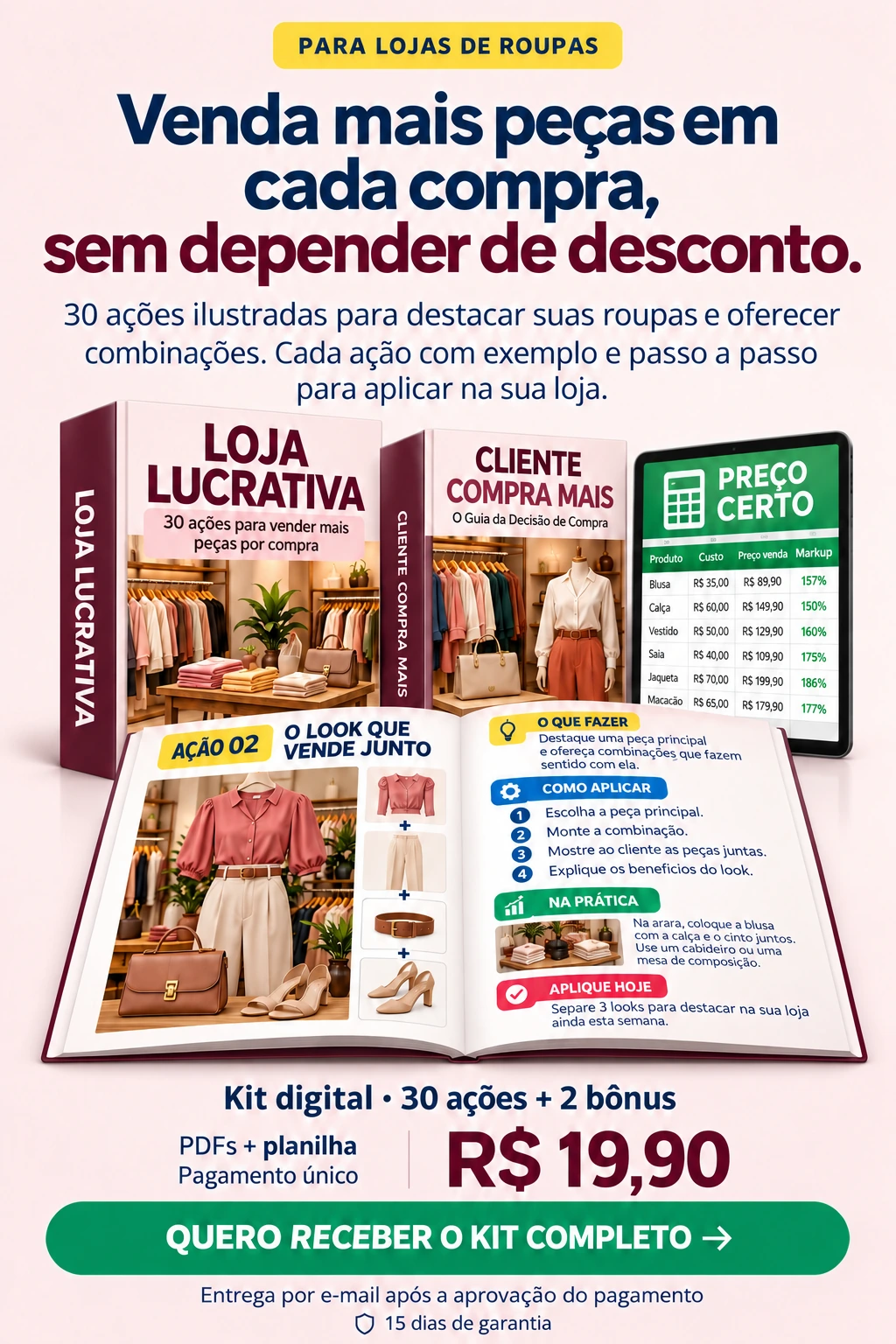 Kit digital Loja Lucrativa: livro principal, guia Cliente Compra Mais, planilha Preço Certo e uma ação ilustrada aberta